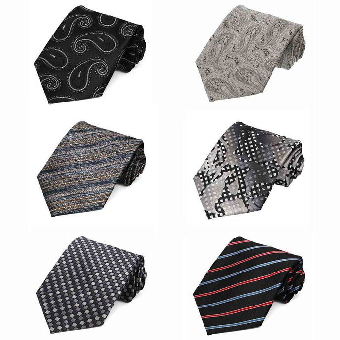 Black ties in assorted stripe, paisley and geometric patterns