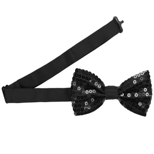 A black sequin bow tie with the adjustable band collar open