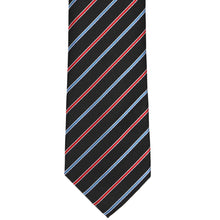 Load image into Gallery viewer, Front of a black, red and blue striped tie