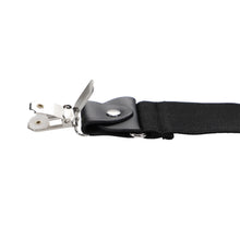 Load image into Gallery viewer, Close-up of a black suspender strap with a silver metal clip closure on a plain white background.