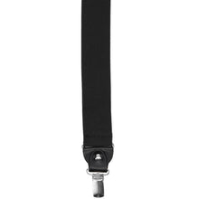 Load image into Gallery viewer, A close-up of a black fabric suspenders strap with a black and silver metal snap, shown vertically on a plain white background.