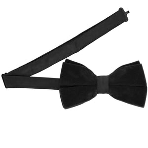 A black pre-tied bow tie with an adjustable band collar