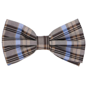 Neutral brown and light blue plaid pre-tied bow tie