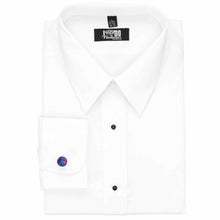 Load image into Gallery viewer, Blue and purple plaid fabric cufflinks on a white dress shirt.