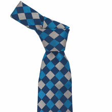 Load image into Gallery viewer, Blue and gray checkered knotted tie on a white background