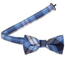 Load image into Gallery viewer, Blue plaid bow tie with open band collar set on a white background