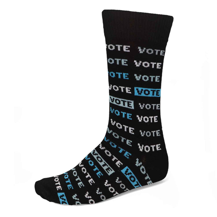 A men's black sock with the word VOTE repeated