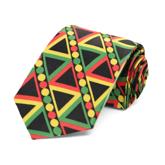 A boys' rolled tie with a black, yellow, red and green geometric pattern