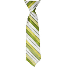 Load image into Gallery viewer, The front of a boys asparagus green and white striped clip-on tie, laid out flat