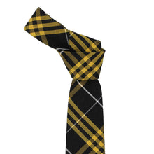 Load image into Gallery viewer, Black and gold plaid boys' necktie with a knot tied at the top