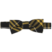 Load image into Gallery viewer, Boys' black and gold plaid uniform bow tie on a white background