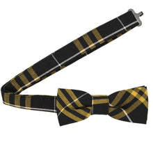 Load image into Gallery viewer, Boys' black and gold plaid uniform bow tie  with an open band collar