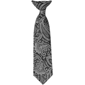 A child-size black paisley clip-on tie, laid out flat to show the full length