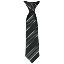 Load image into Gallery viewer, A boys&#39; clip-on tie in a black plaid pattern, laid out flat