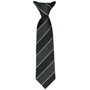 A boys' clip-on tie in a black plaid pattern, laid out flat