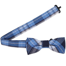 Load image into Gallery viewer, Boys' blue plaid uniform bow tie with an open band collar