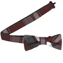 Load image into Gallery viewer, Boys' burgundy plaid bow tie with an open band collar
