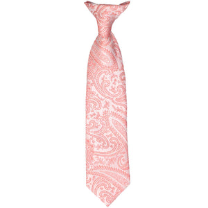 The front of a child-size coral paisley clip-on tie