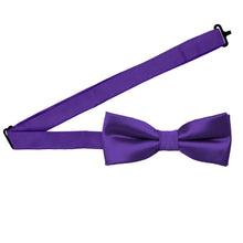 Load image into Gallery viewer, A boys&#39; pre-tied dark purple bow tie with the collar open
