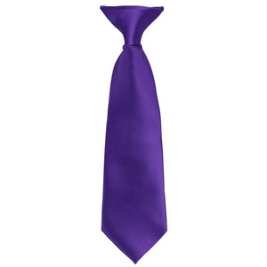 The front of a boys' dark purple clip-on tie, laid flat