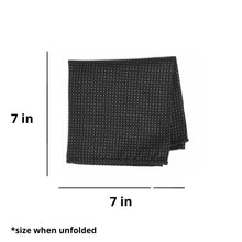 Load image into Gallery viewer, Infographic outlining the size of a boys' black dotted pocket square