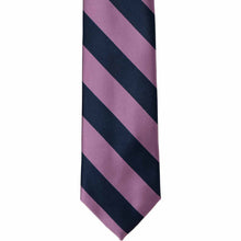 Load image into Gallery viewer, The bottom front of a boys&#39; dusty purple and navy blue striped tie