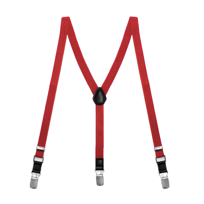 A pair of boys' festive (dark) red skinny suspenders laid out into an M shape