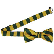 Load image into Gallery viewer, Boys&#39; hunter green and gold striped bow tie with the band open