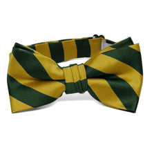 Load image into Gallery viewer, Boys&#39; pre-tied hunter green and gold striped bow tie