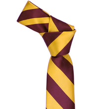 Load image into Gallery viewer, Knot on a boys&#39; maroon and golden yellow striped tie