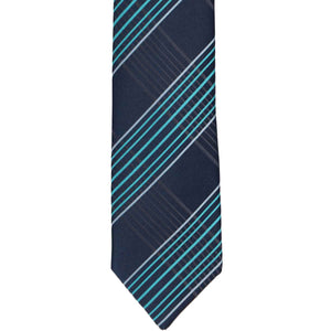 The front of a boys' navy blue and turquoise plaid tie
