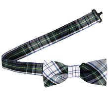 Load image into Gallery viewer, Boys' white, hunter green and navy plaid uniform bow tie with an open band collar