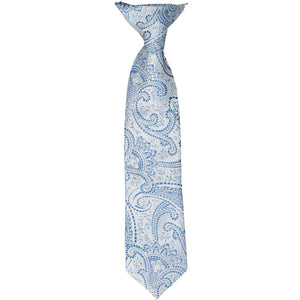 A boys' pastel blue paisley clip-on tie, laid out flat
