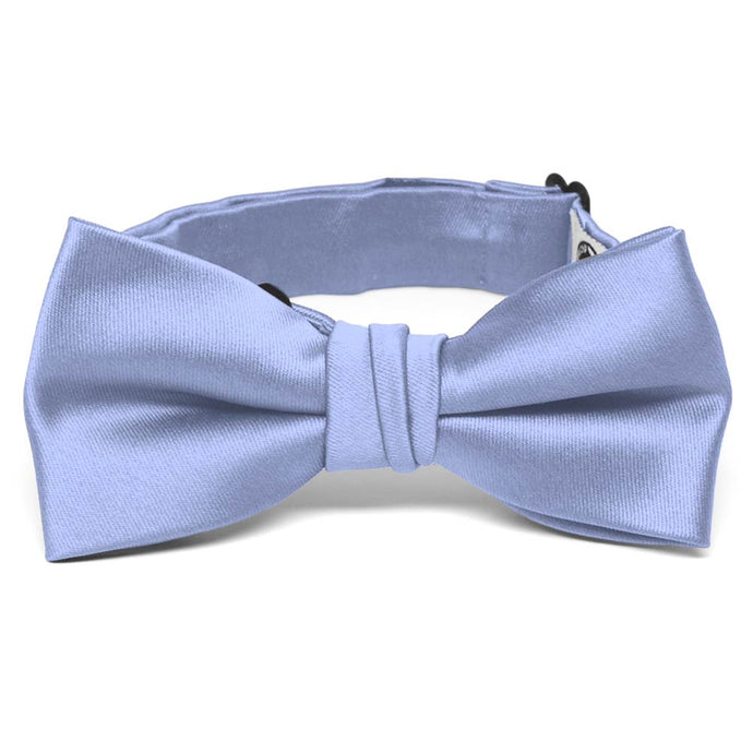 A boys' sized periwinkle bow tie, pre-tied with an adjustable band collar