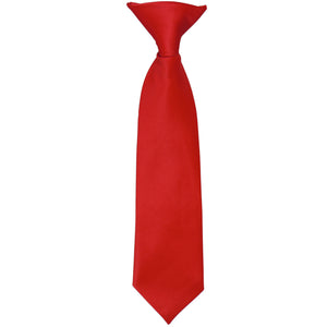 The front of a boys' red clip-on tie, laid out flat