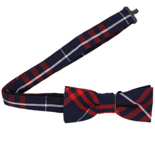 Load image into Gallery viewer, Boys' navy and red plaid uniform bow tie with an open band collar