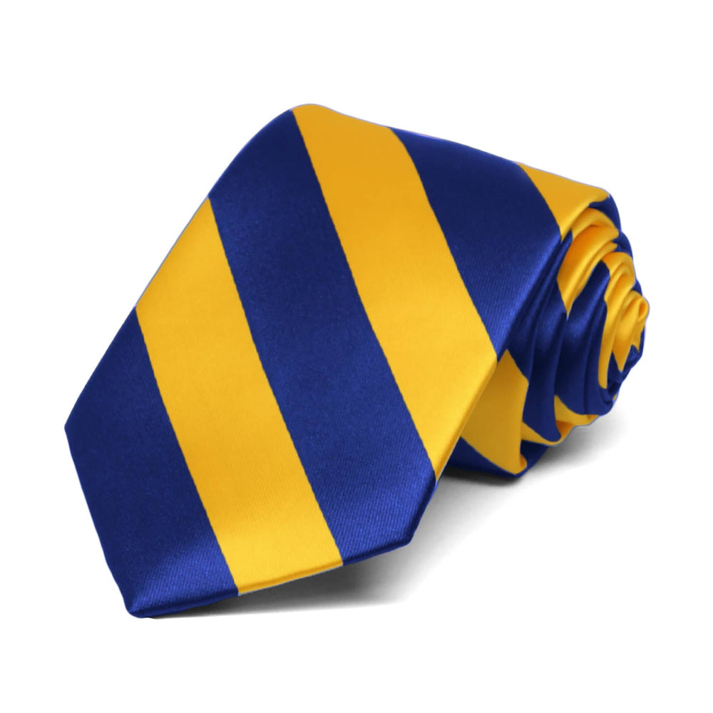 A royal blue and golden yellow striped tie, rolled to show off the combo