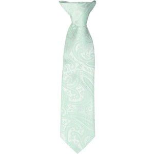 A boys' seafoam paisley clip-on tie, laid out flat