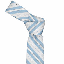 Load image into Gallery viewer, Tied knot on a boys' sky blue floral striped tie