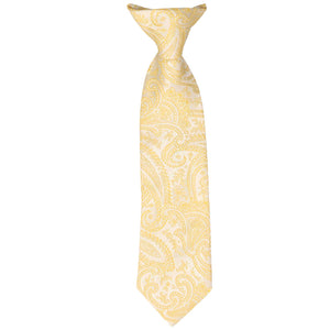 A boys' soft yellow paisley clip-on tie, laid out flat to see full length of tie