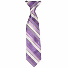 Load image into Gallery viewer, The front of a boys&#39; thistle purple and white striped clip-on tie, laid out front