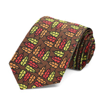Load image into Gallery viewer, A brown boys&#39; Thanksgiving tie with a colorful feather turkey design