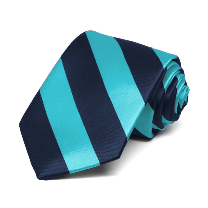 Boys' turquoise and navy blue striped tie, rolled