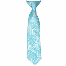Load image into Gallery viewer, A boys turquoise paisley clip-on tie, laid flat