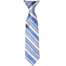 Load image into Gallery viewer, The front of a boys&#39; wave blue and white striped clip-on tie, laid out flat