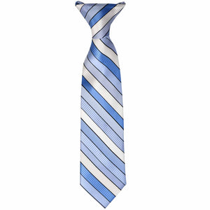 The front of a boys' wave blue and white striped clip-on tie, laid out flat