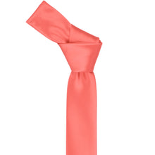 Load image into Gallery viewer, A bright coral skinny tie with a knot