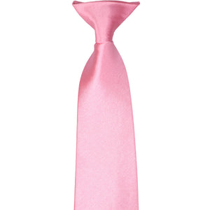 The knot on a bright pink clip-on tie