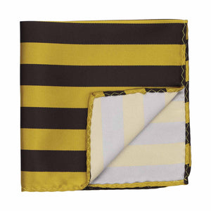A brown and gold striped pocket square with the corner flipped up to show back side