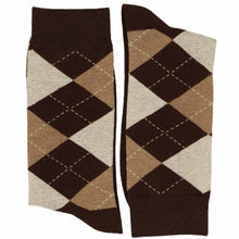 Load image into Gallery viewer, Folded pair of brown and tan argyle socks